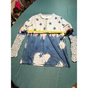 Star & Tie-Dye Lace Sleeve Button-Up Womens Top M